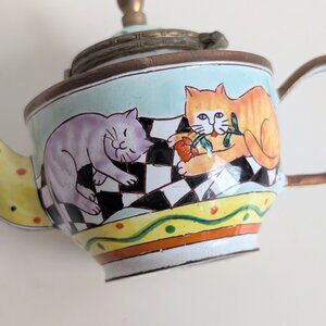 Vtg Enamel Copper Handpainted Miniature Copper Teapot C